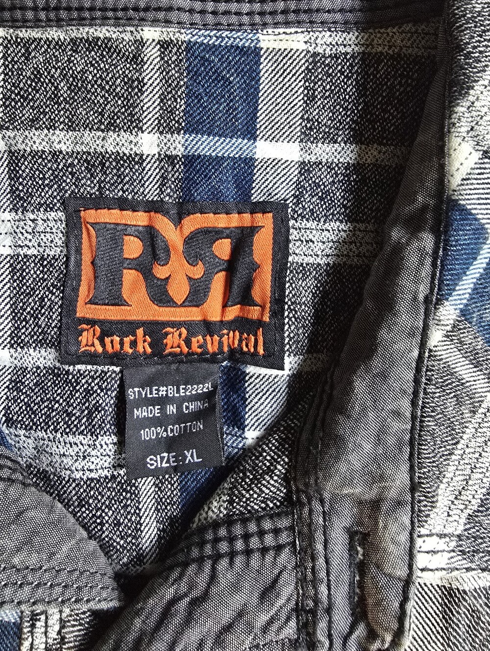 Rock Revival Gray and Blue Plaid Lightweight Shirt Jacket with Orange Patch